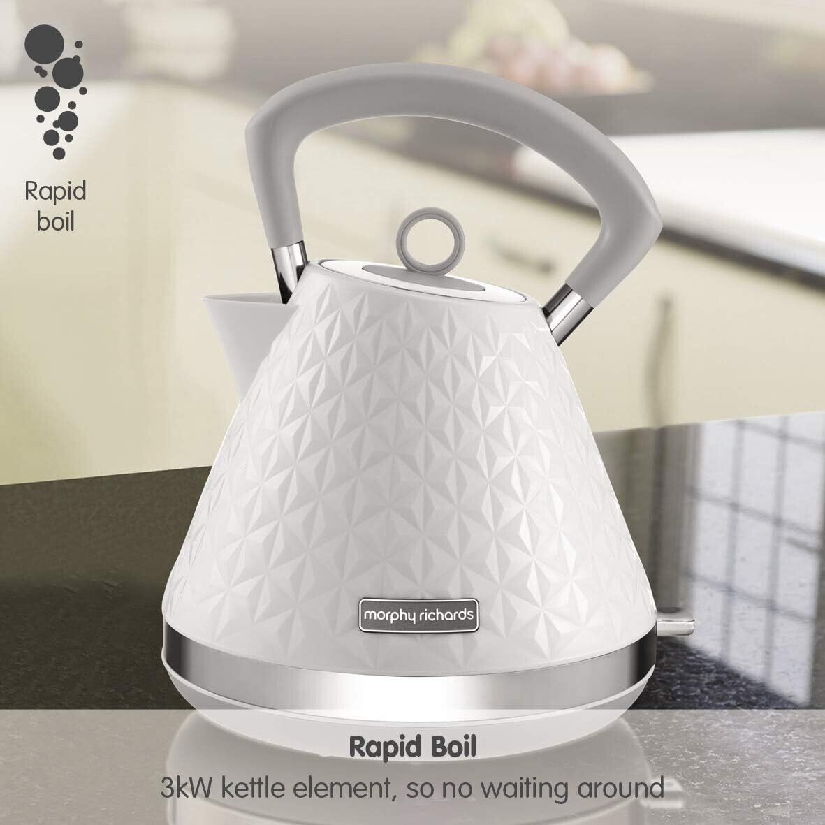 Morphy Richards White 1.5L 3KW Pyramid Kettle, 4 Slice Toaster & Dimensions Canisters, Mug Tree & Towel Pole Matching Set