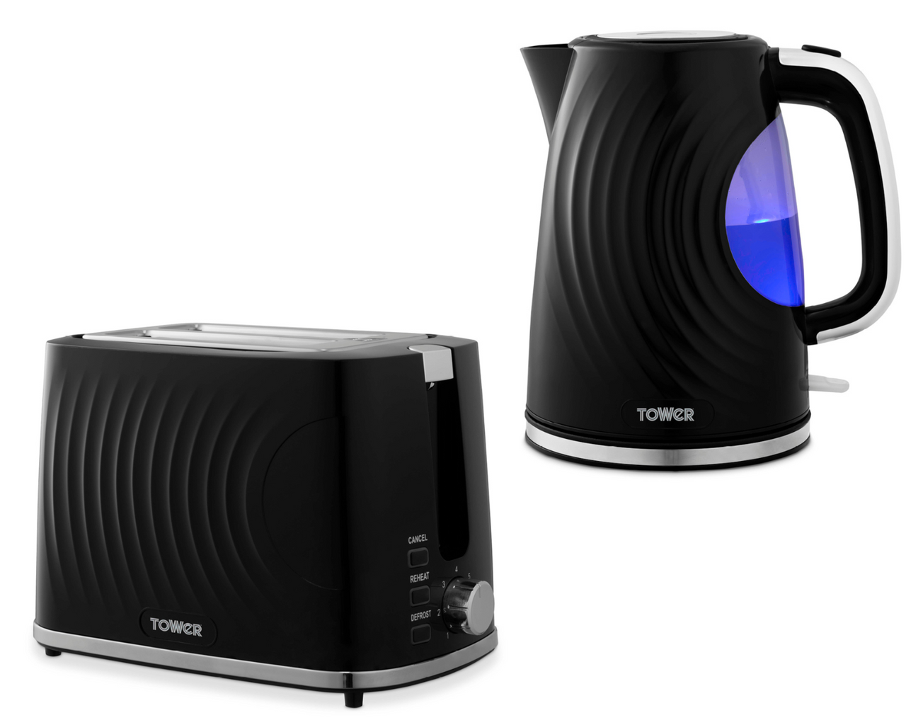 Tower Sonar 1.7L 3KW Kettle & 2 Slice Toaster. Black/Chrome Accents Stylish Ripple Design