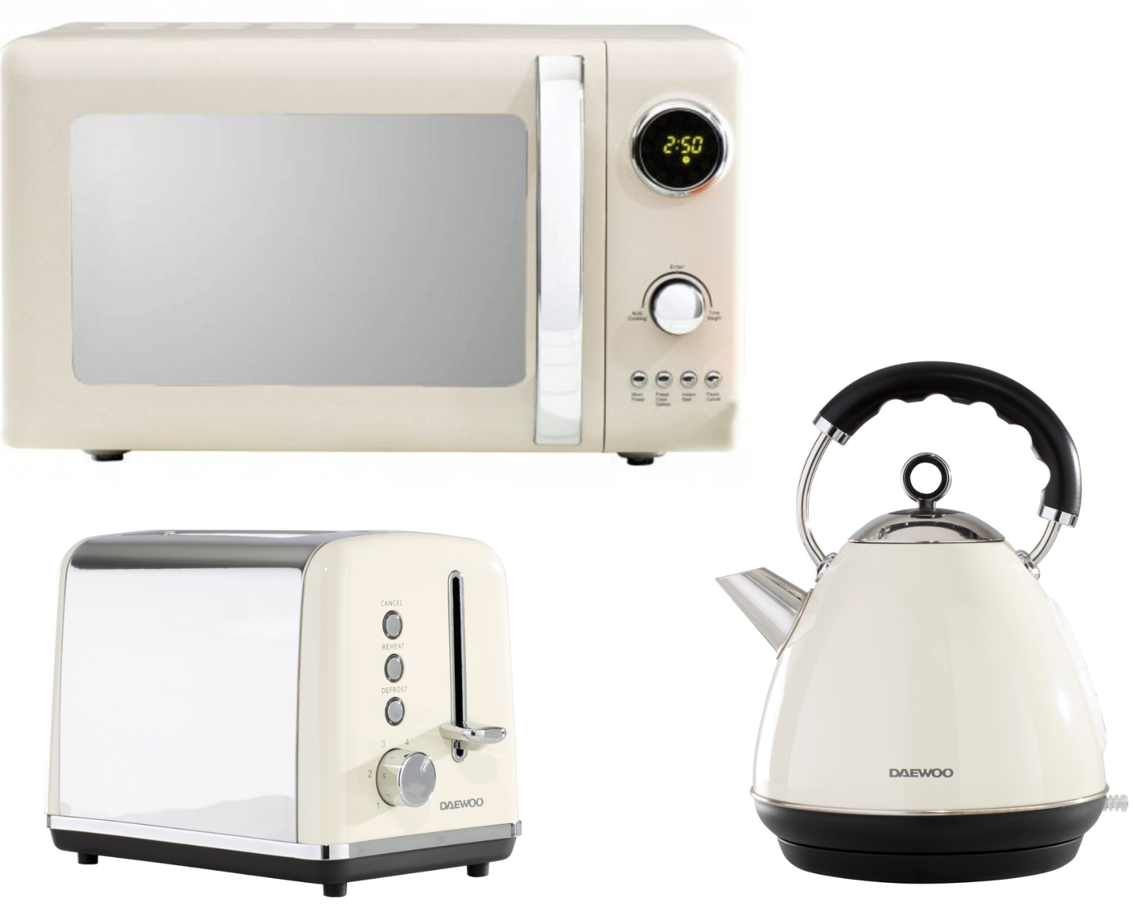 Daewoo Kensington Cream Pyramid Kettle Slice Toaster Microwave Set