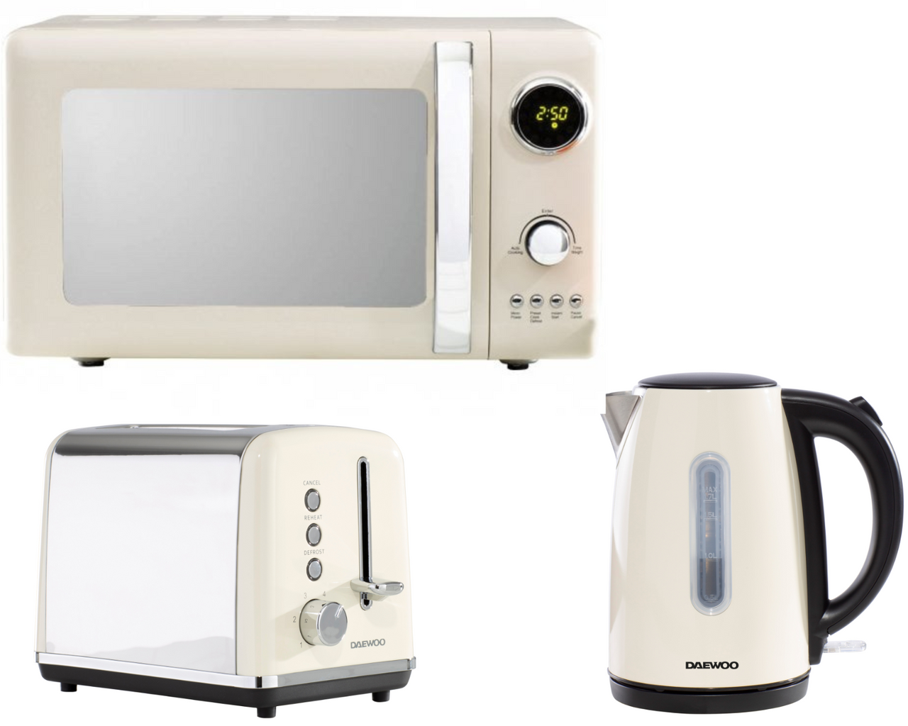 Daewoo Kensington Cream 1,7L 3KW Jug Kettle, 2 Slice Toaster & Microwave Matching Set