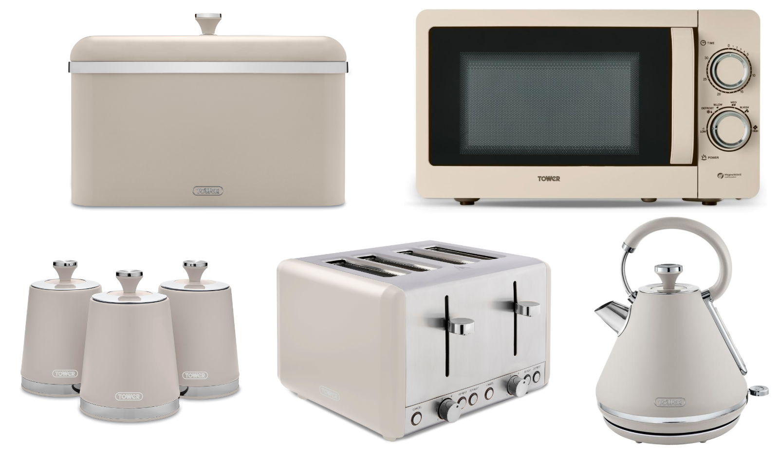 Tower Cavaletto Latte 1.7L 3KW Pyramid Kettle 4 Slice Toaster 800W 20L Manual Microwave Bread Bin Tea Coffee Sugar Canisters. Contemporary