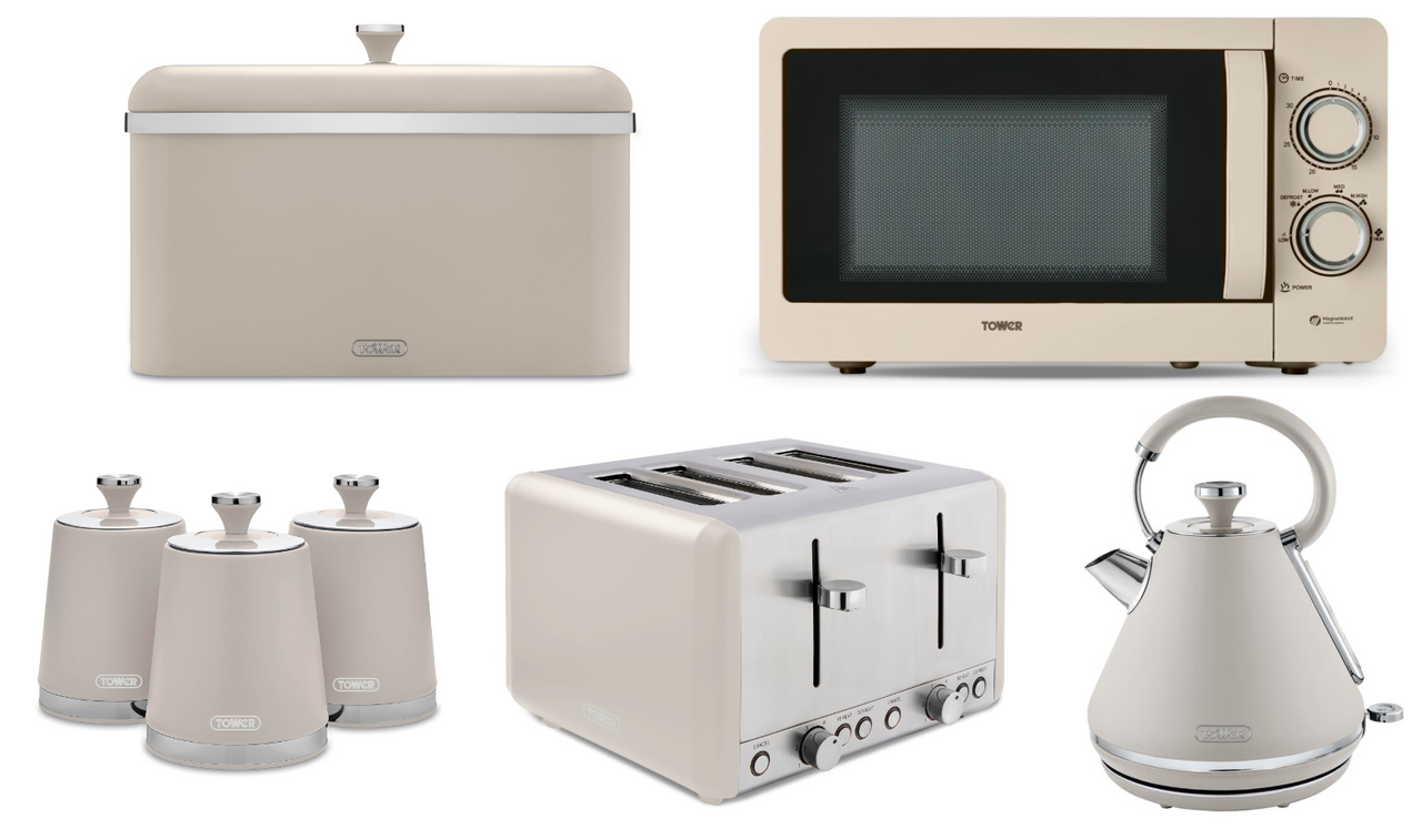 Tower Cavaletto Latte 1.7L 3KW Pyramid Kettle, 4 Slice Toaster, 800W 20L Manual Microwave, Bread Bin & Tea, Coffee & Sugar Canisters. Contemporary Matching Set