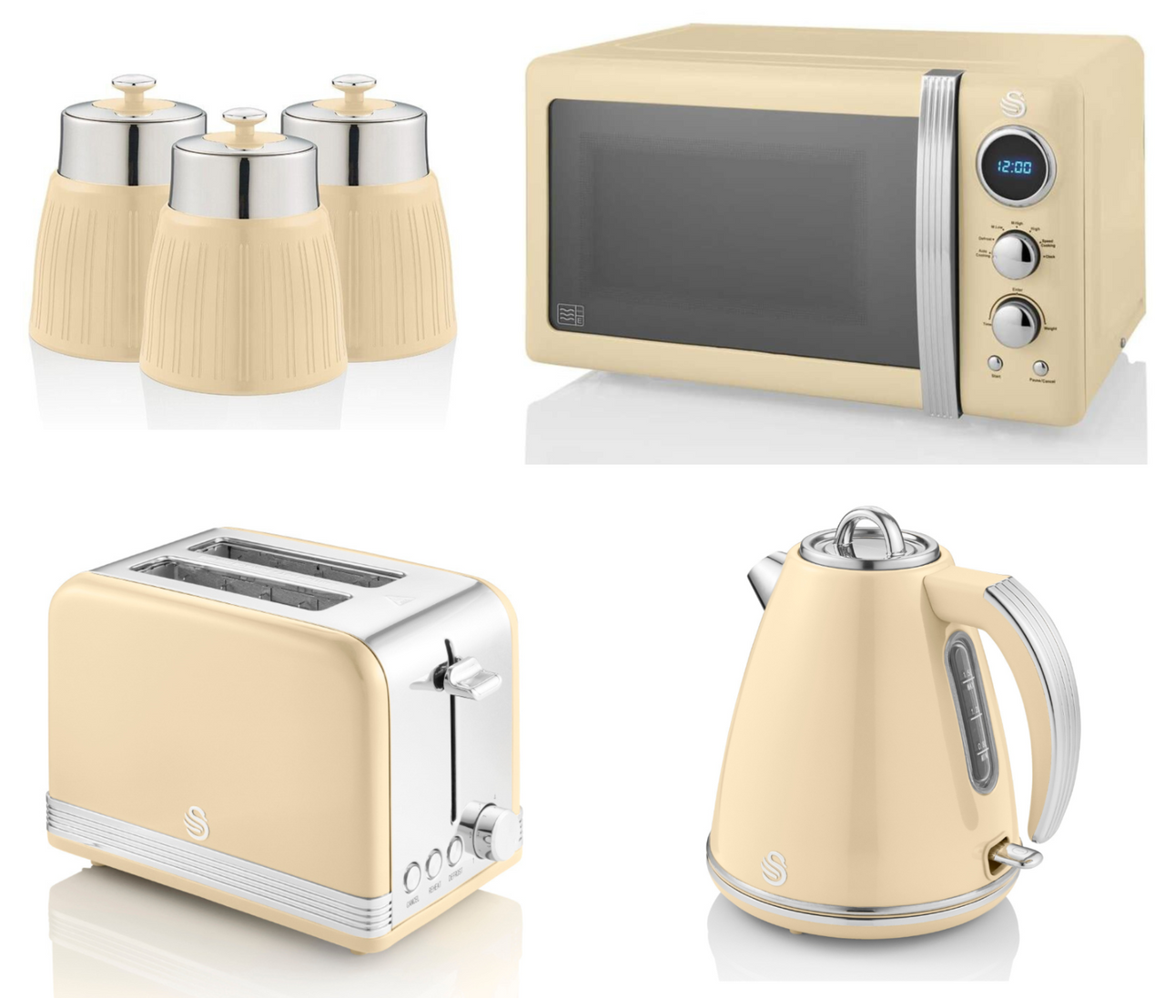 Swan Retro Cream 1.5L 3KW Jug Kettle, 2 Slice Toaster, 800W 20L Digital Microwave,  Tea, Coffee, Sugar Canisters. Vintage Matching Kitchen Set of 6 in Cream