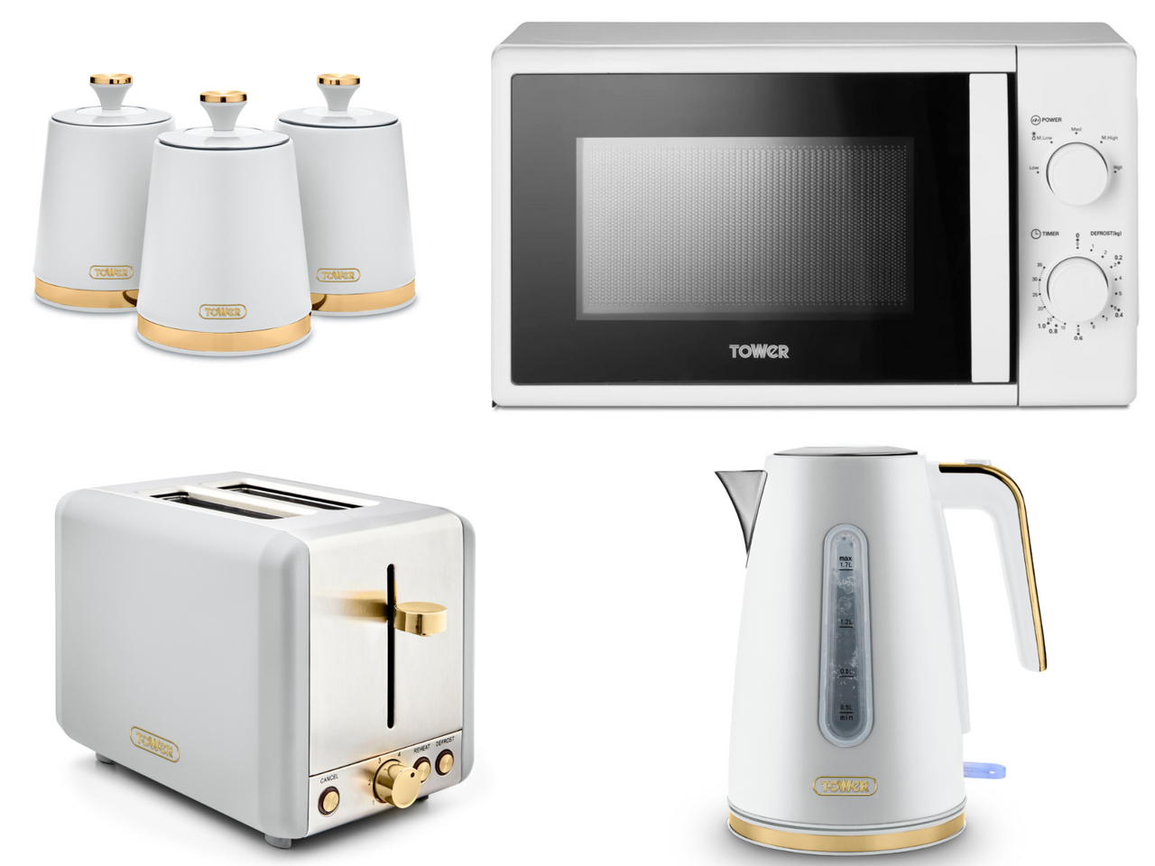 Tower Cavaletto White 1.7L 3KW Jug Kettle, 2 Slice Toaster, T24034WHT 700W 20L Manual Microwave & Tea, Coffee, Sugar Canisters. Contemporary Matching Kitchen Set of 6