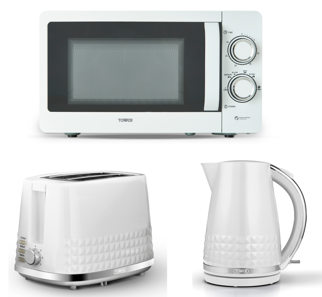 Tower Solitaire White 1.5L 3KW Jug Kettle, 2 Slice Toaster & T24042WHT 800W 20L Microwave Set