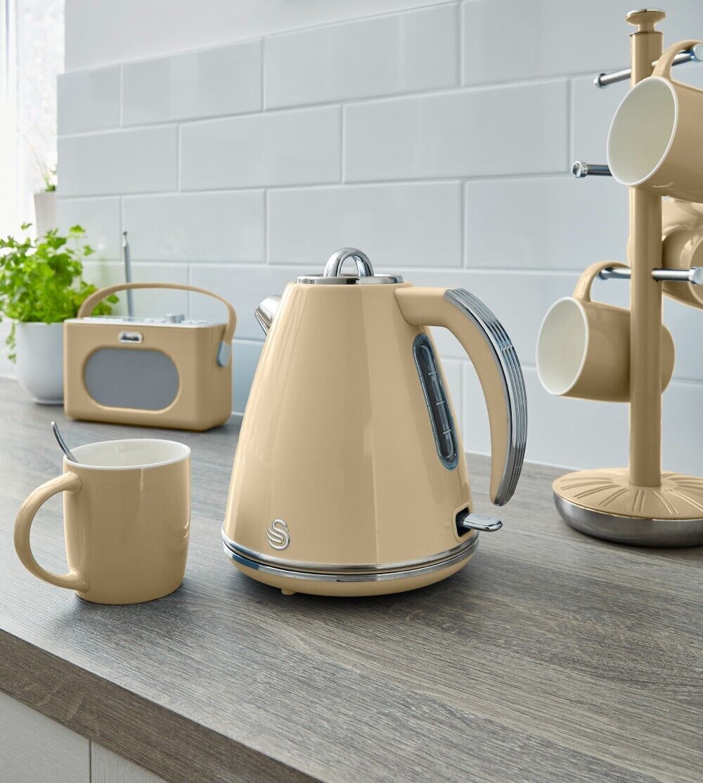 Swan Retro Cream 1.5L 3KW Jug Kettle, 4 Slice Toaster & Tea, Coffee, Sugar Canisters. Vintage Matching Kitchen Set of 5 in Cream