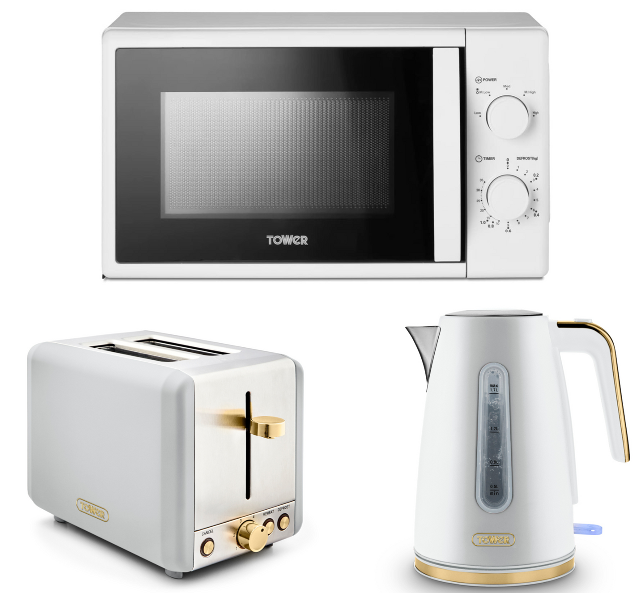 Tower Cavaletto White 1.7L 3KW Jug Kettle, 2 Slice Toaster & T24034WHT 700W 20L Manual Microwave