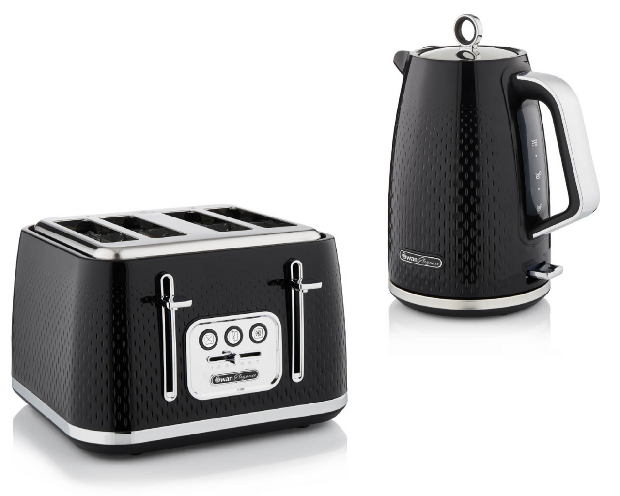 Swan Elegance 1.7L 3KW Kettle & 4 Slice Toaster with Textured Black Gloss Finish Chrome Trim