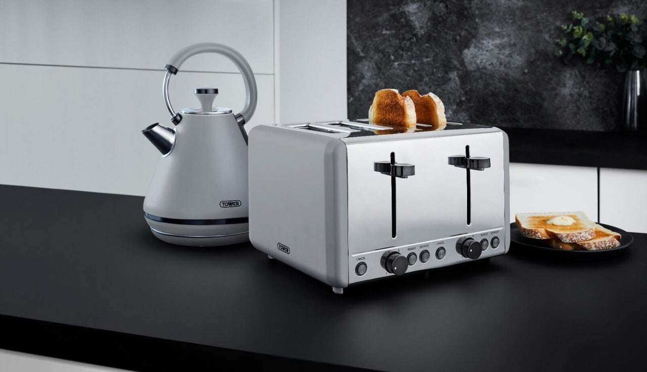 Tower Sera Grey Pyramid Kettle, 4 Slice Toaster & T24039GRY Renaissance 20L 800W Microwave Contemporary Design Set
