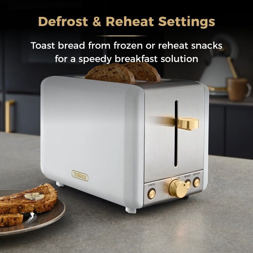 Tower Cavaletto White 2 Slice Toaster Champagne Brushed Gold Accents T20036WHT