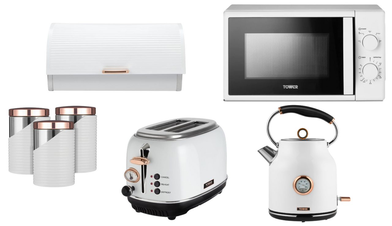 Tower Bottega 1.7L 3KW Traditional Kettle, 2 Slice Toaster, T24034WHT 700W 20L Microwave, Bread Bin & Canisters Matching Set in White & Rose Gold