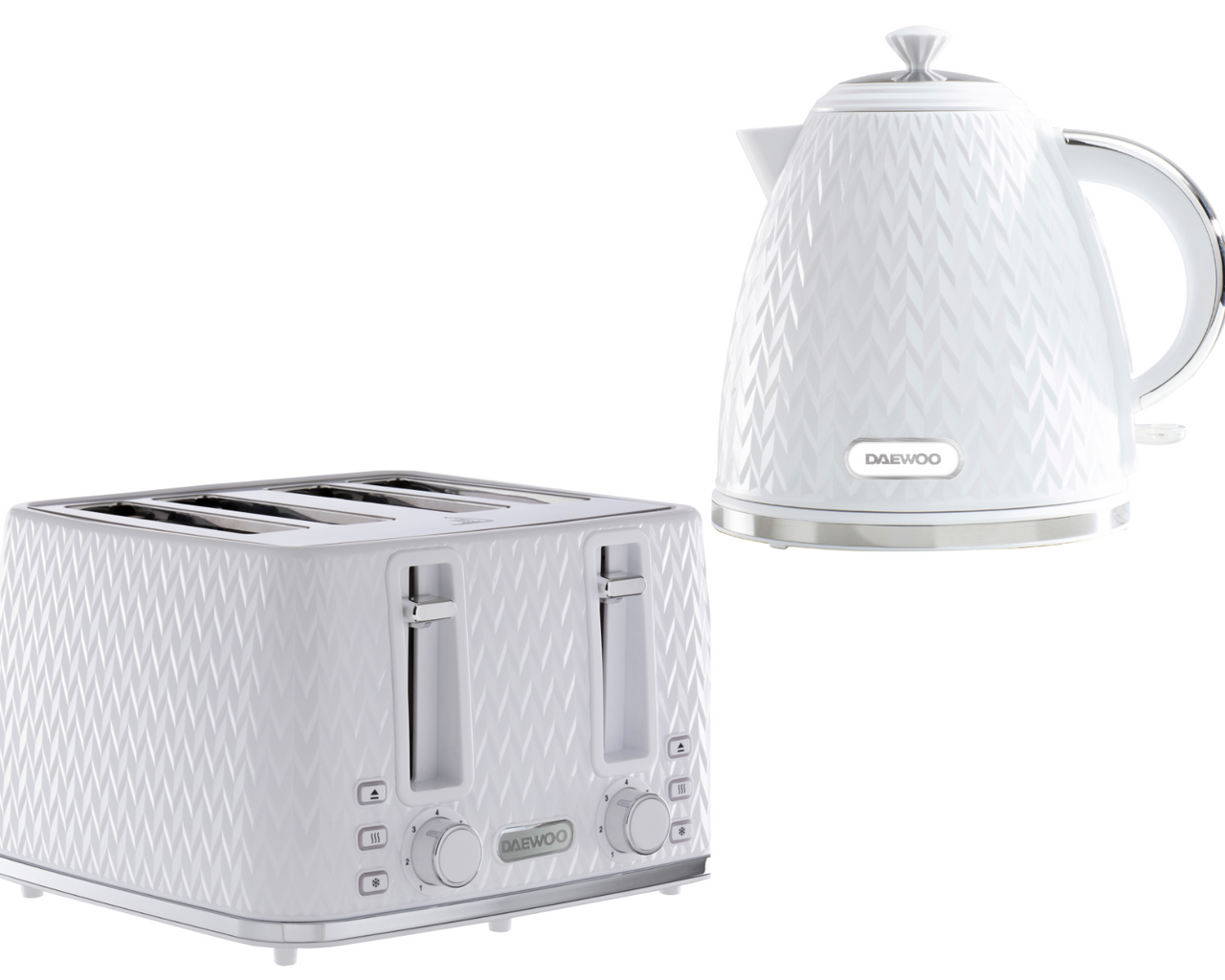 Daewoo Argyle White Jug Kettle & 4 Slice Toaster Matching Set Patterned Design