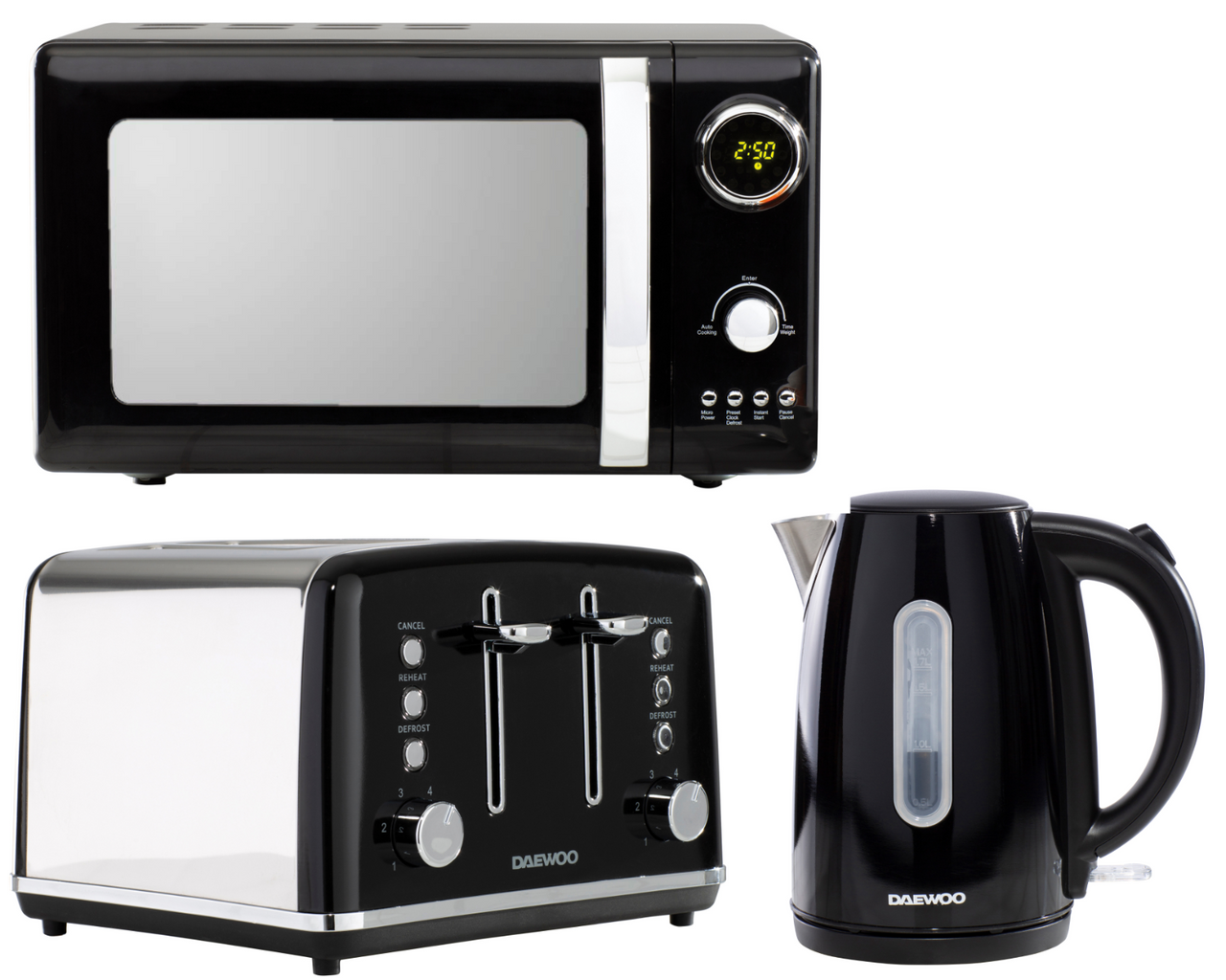 Daewoo Kensington 1.7L 3KW Jug Kettle, 4 Slice Toaster & Microwave Matching Set in Black