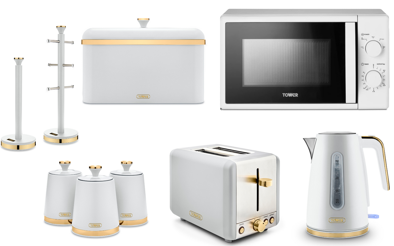 Tower Cavaletto White  1.7L3KW Jug Kettle, 2 Slice Toaster, T24034WHT 700W 20L Manual Microwave, Bread Bin, Canisters, Mug Tree & Towel Pole Kitchen Set of 9