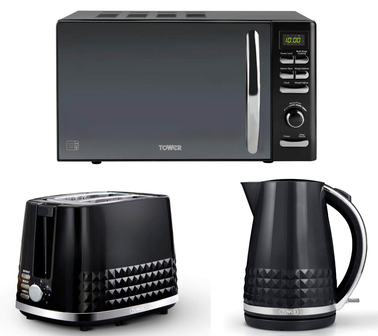 Tower Solitaire Black 1.5L 3KW Kettle, 2 Slice Toaster & T24019 Infinity Digital Microwave Matching Set