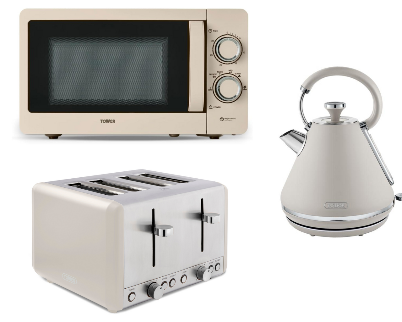 Tower Cavaletto Latte Pyramid Kettle, 4 Slice Toaster & 800W 20L Manual Microwave. Contemporary Matching Set in Latte