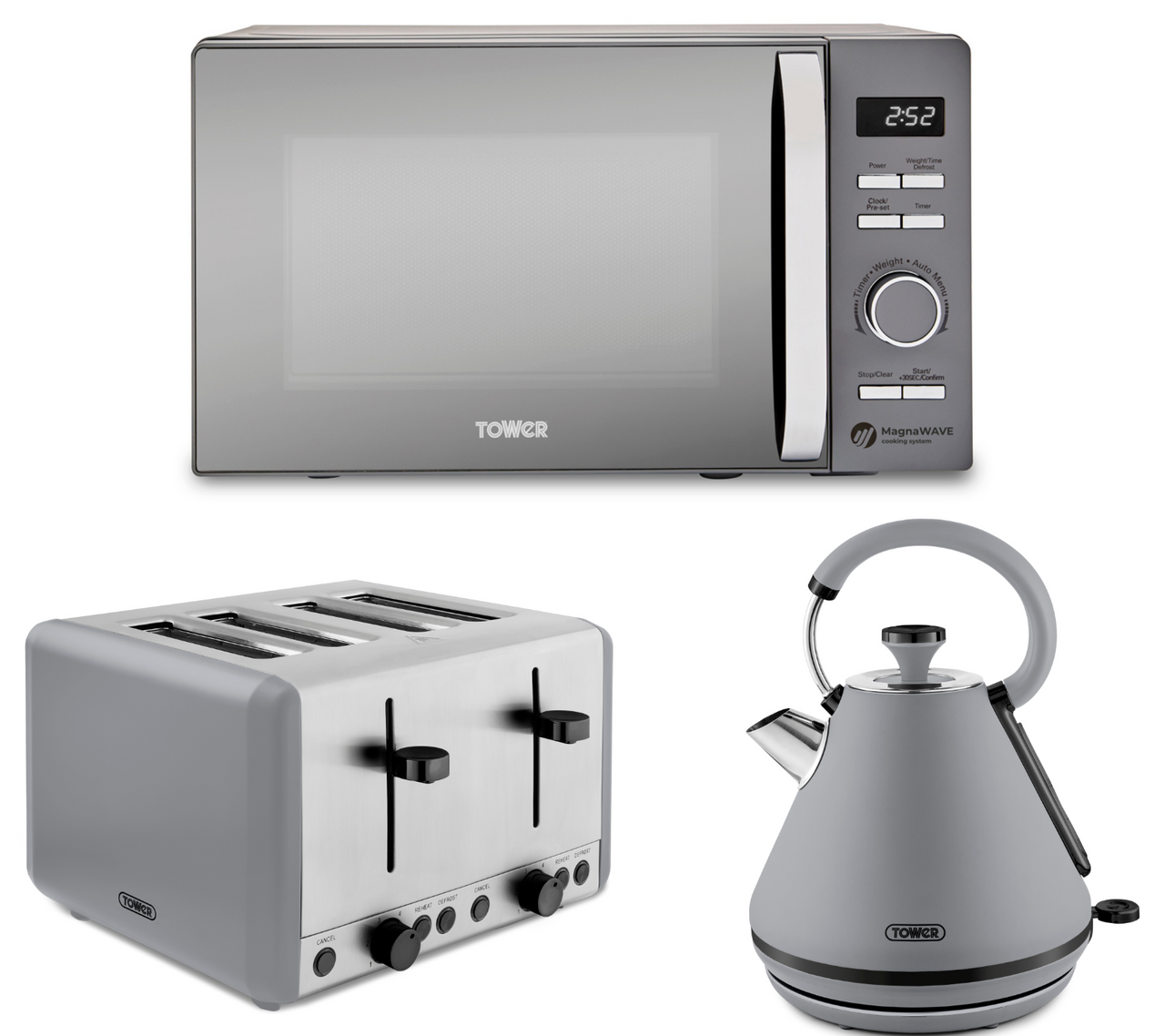 Tower Sera Grey Pyramid Kettle, 4 Slice Toaster & T24039GRY Renaissance 20L 800W Microwave Contemporary Design Set
