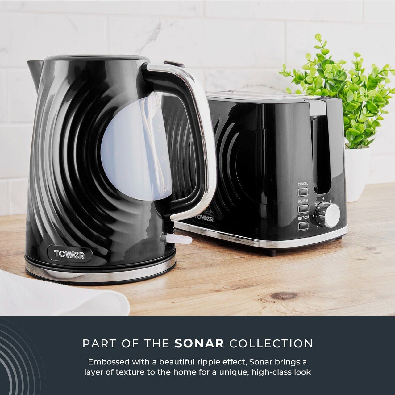 Tower Sonar 1.7L 3KW Kettle & 2 Slice Toaster. Black/Chrome Accents Stylish Ripple Design