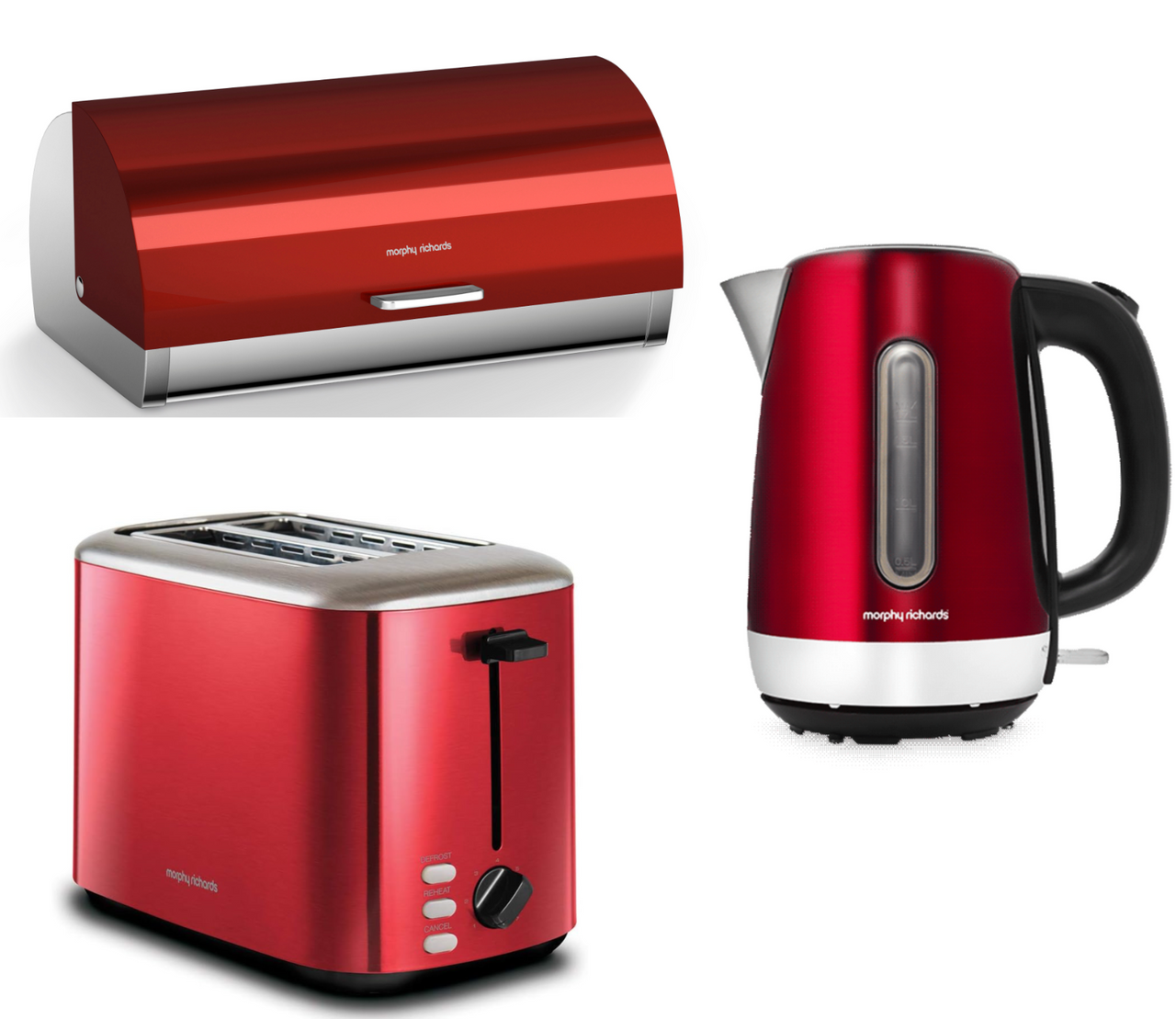 Morphy Richards Equip Red 1.7L 3KW Kettle, 2 Slice Toaster & Accents Bread Bin Kitchen Set