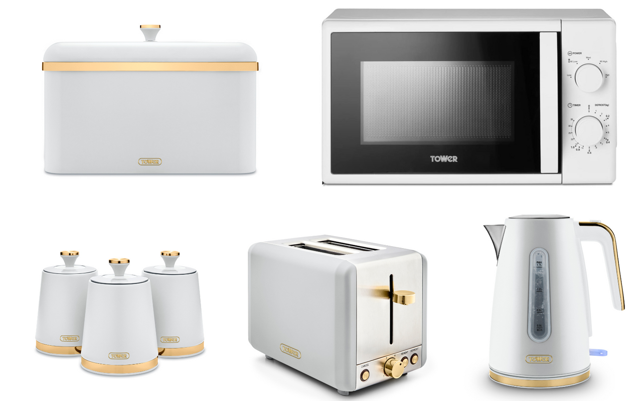 Tower Cavaletto 1.7L 3KW Jug Kettle, 2 Slice Toaster, T24034WHT 700W 20L Manual Microwave & Bread Bin, Tea, Coffee, Sugar Canisters. Contemporary Matching Kitchen Set of 7