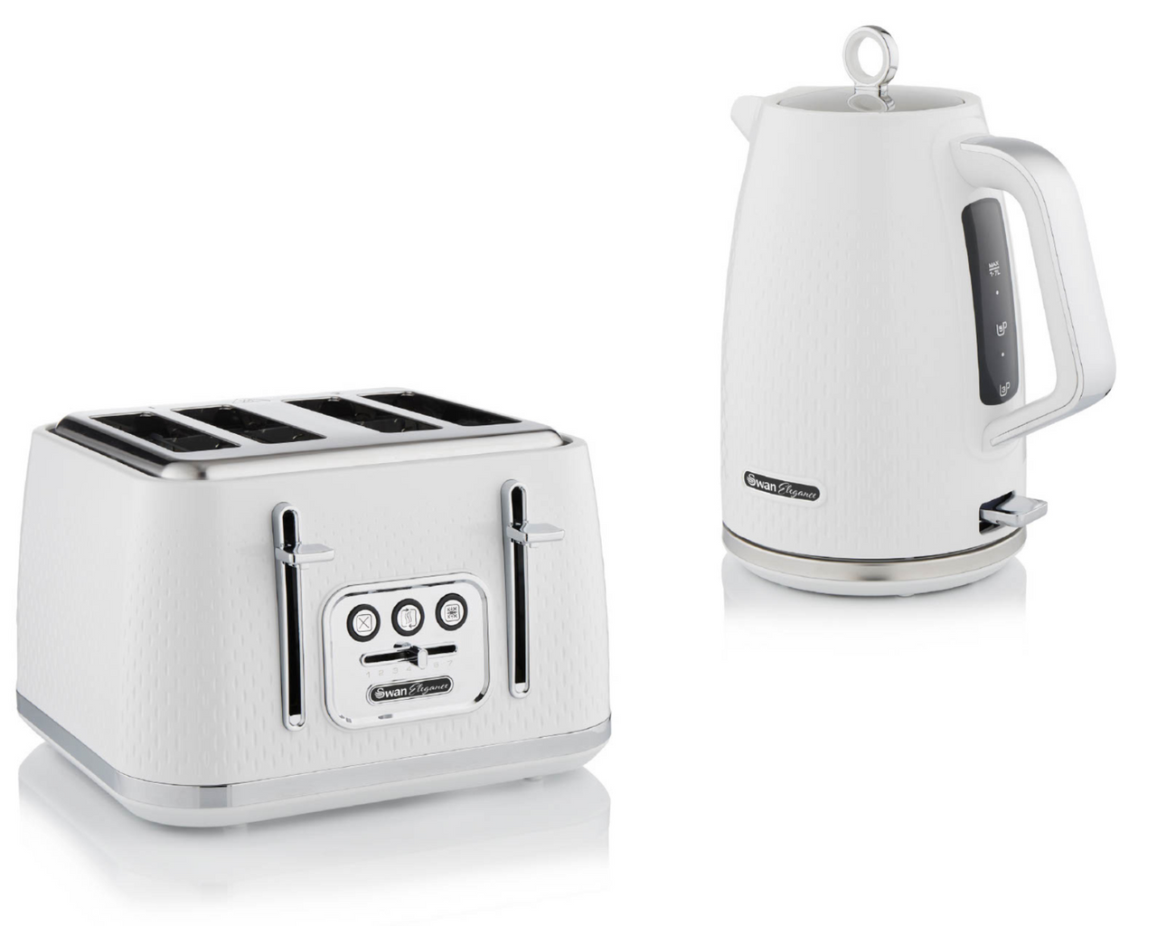 Swan Elegance 1.7L 3KW Kettle & 4 Slice Toaster with Textured White Gloss Finish Chrome Trim