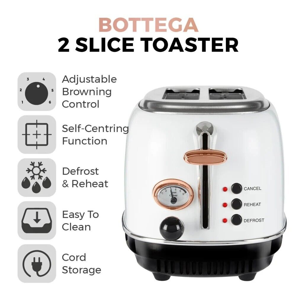 Tower Bottega Stainless Steel 2 Slice Toaster in White & Rose Gold T20016W