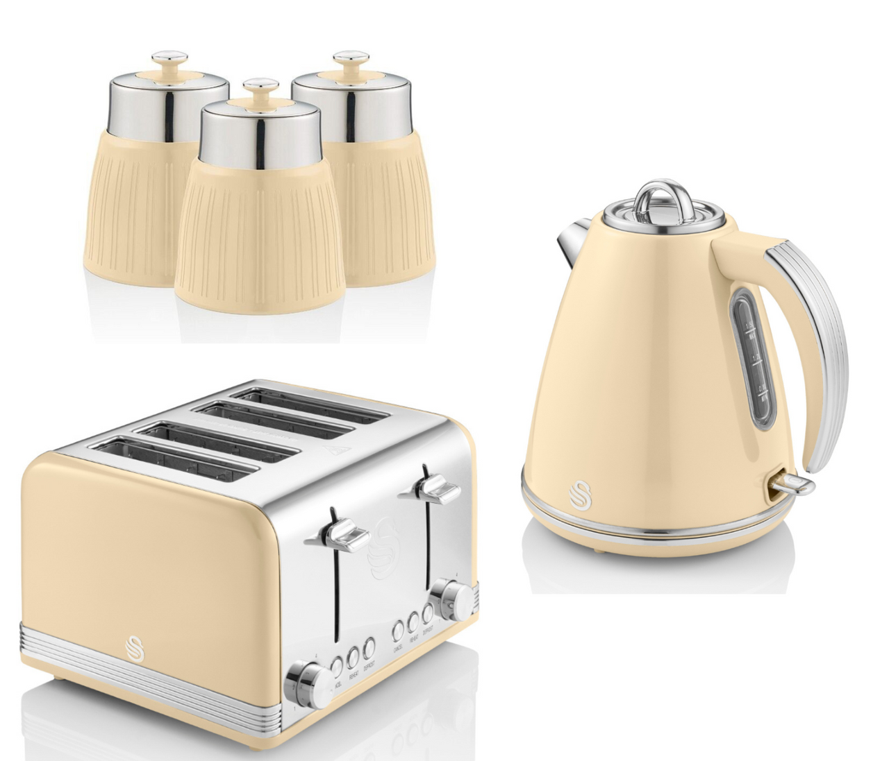 Swan Retro Cream 1.5L 3KW Jug Kettle, 4 Slice Toaster & Tea, Coffee, Sugar Canisters. Vintage Matching Kitchen Set of 5 in Cream
