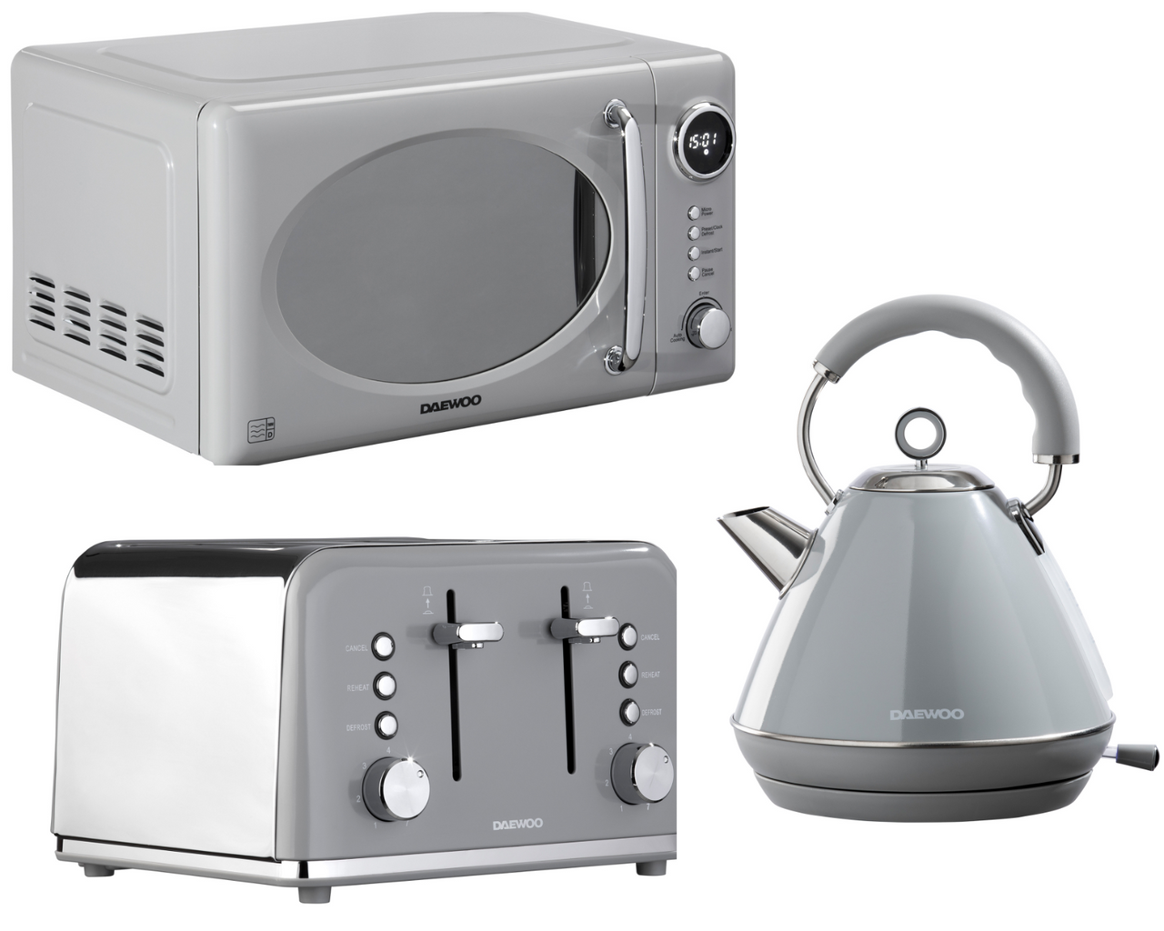 Daewoo Kensington 1.7L 3KW Pyramid Kettle, 4-Slice Toaster & Microwave Matching Set in Grey