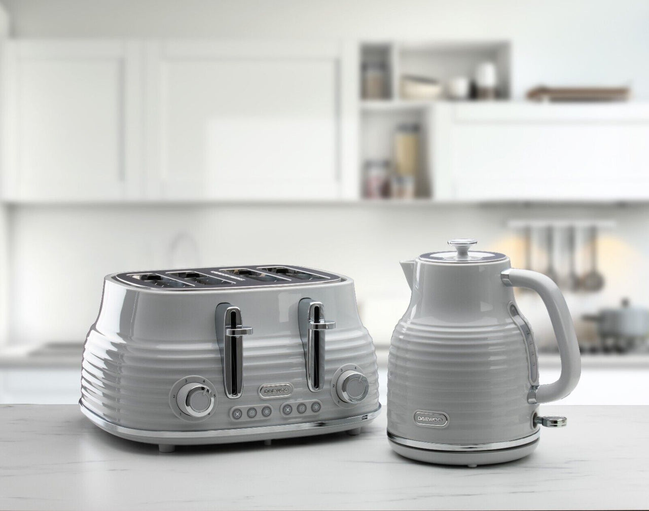 Daewoo Sienna Grey 1.7L Jug Kettle & 4 Slice Toaster. Modern Kettle & Toaster