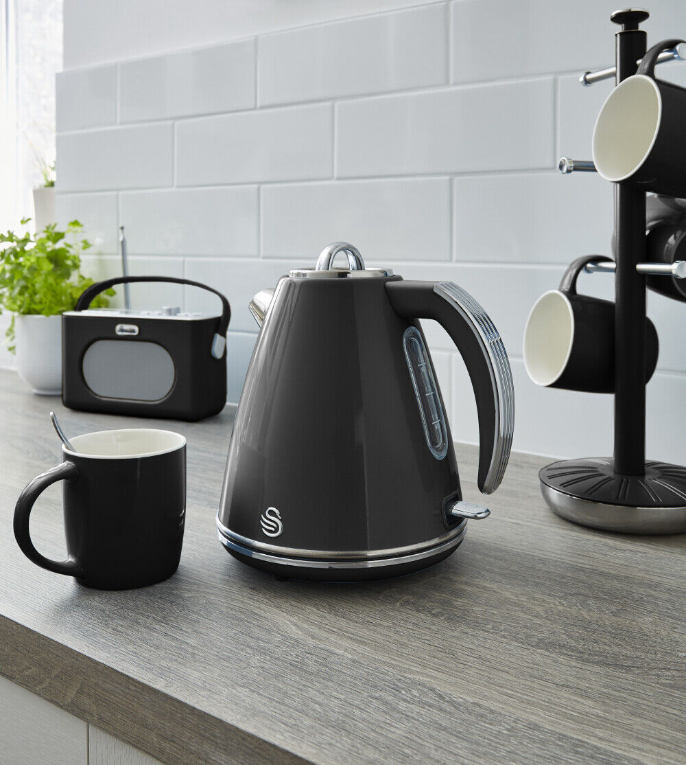 Swan Retro 1.5L 3KW Retro Jug Kettle, 2 Slice Toaster, 800W 20L Digital Microwave, Tea Coffee & Sugar Canisters Matching Kitchen Set of 6 in Black