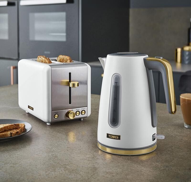 Tower Cavaletto 1.7L 3KW Jug Kettle, 2 Slice Toaster, T24034WHT 700W 20L Manual Microwave & Bread Bin, Tea, Coffee, Sugar Canisters. Contemporary Matching Kitchen Set of 7