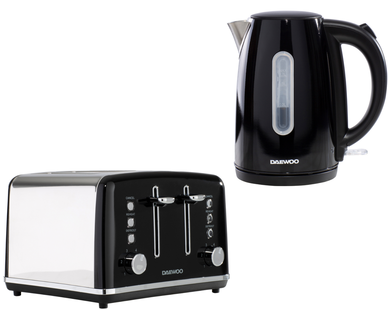 Daewoo Kensington Black 1.7L 3KW Jug Kettle & 4 Slice Toaster Matching Set