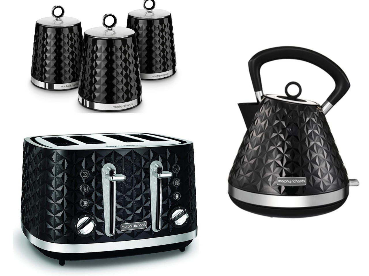 Morphy Richards Black Vector 1.5L 3KW Pyramid Kettle, 4 Slice Toaster & Dimensions Canisters Matching Kitchen Set