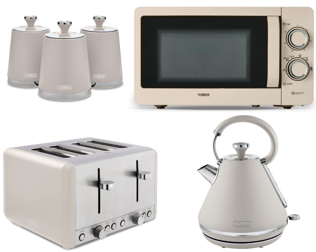 Tower Cavaletto Latte Pyramid 1.7L 3KW Kettle, 4 Slice Toaster, 800W 20L Manual Microwave & Tea, Coffee & Sugar Canisters. Contemporary Matching Set of 6 in Latte
