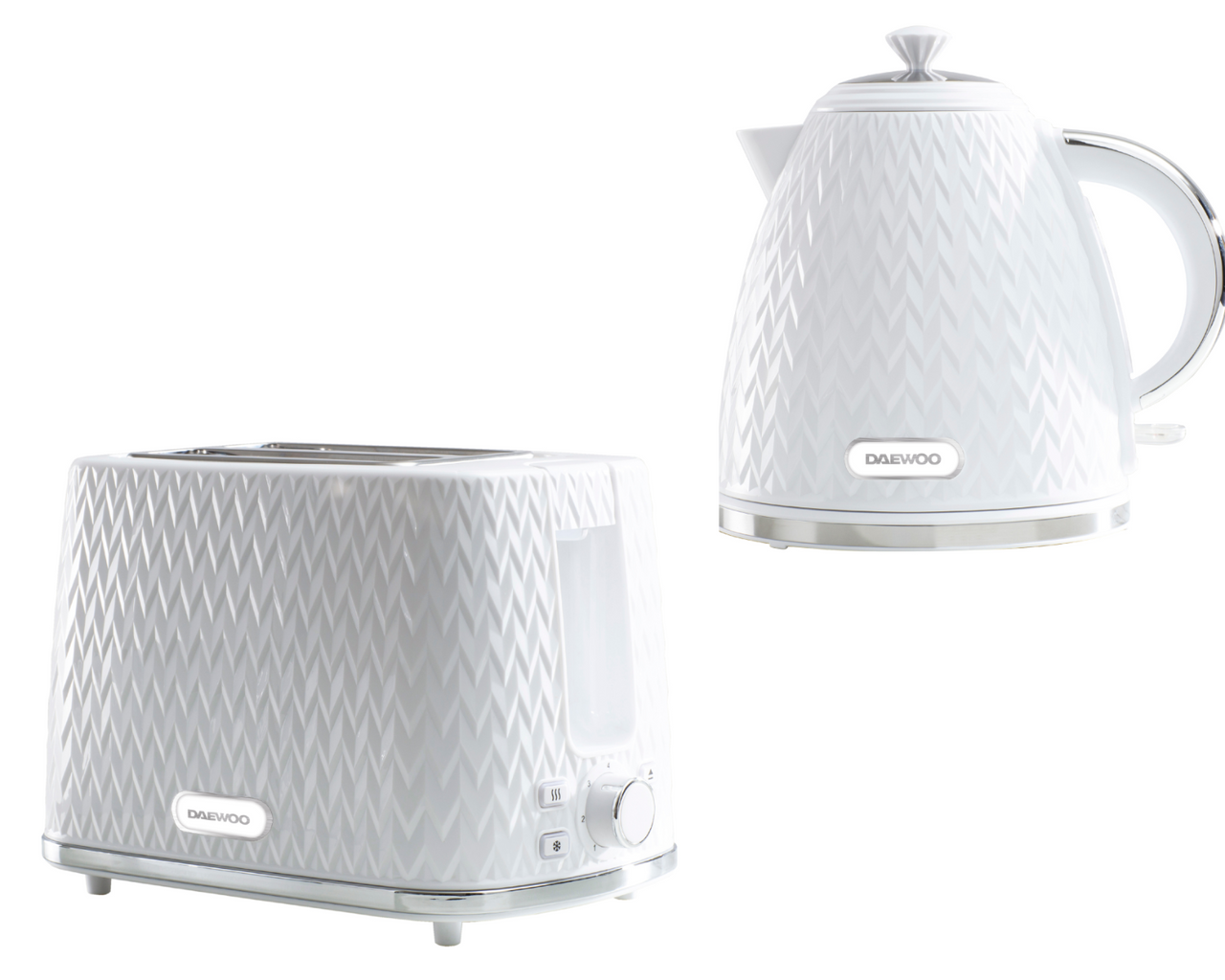 Daewoo Argyle White 1.7L 3KW Jug Kettle & 2 Slice Toaster Matching Set with Patterned Design