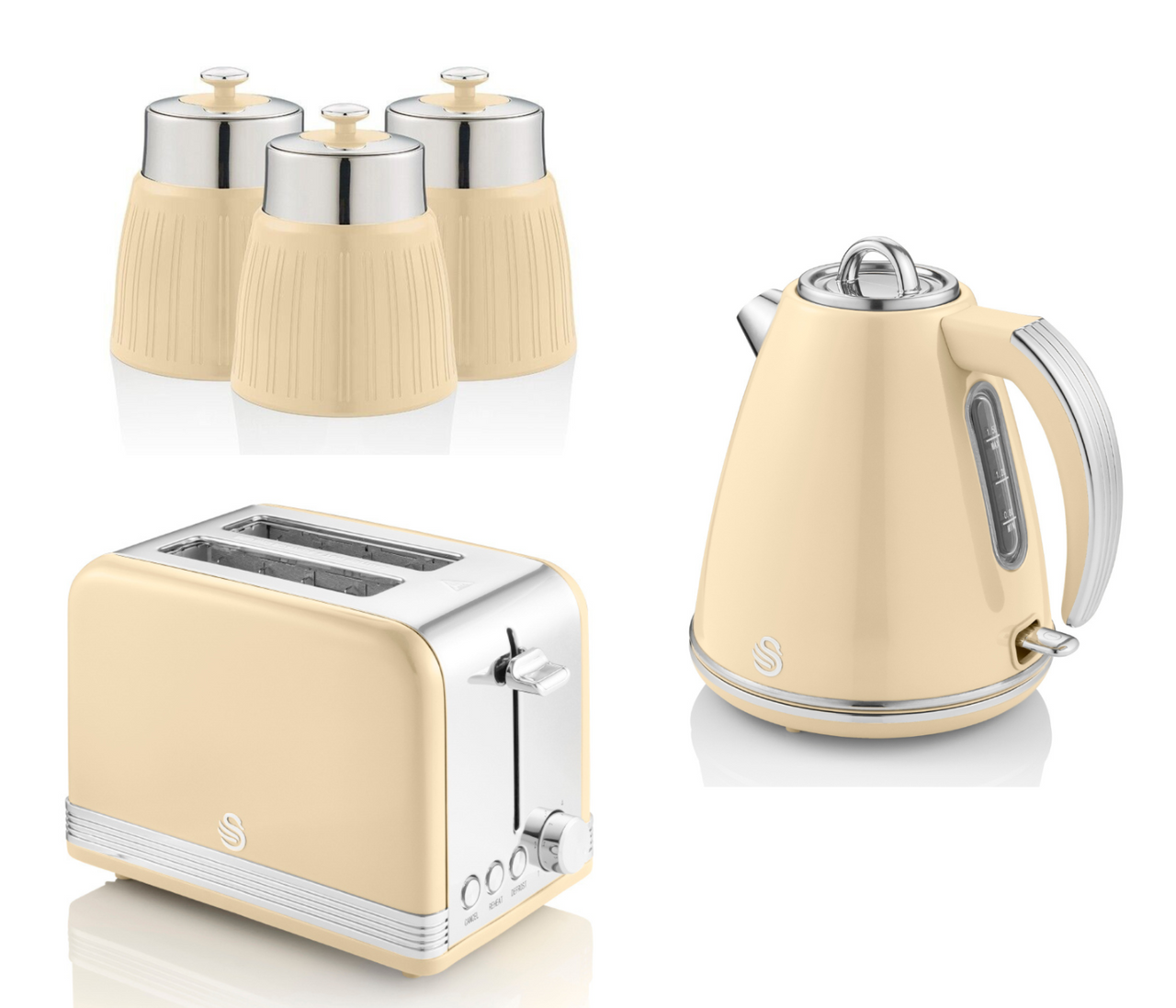 Swan Retro Cream 1.5L 3KW Jug Kettle, 2 Slice Toaster & Tea, Coffee, Sugar Canisters. Vintage Matching Kitchen Set of 5 in Cream