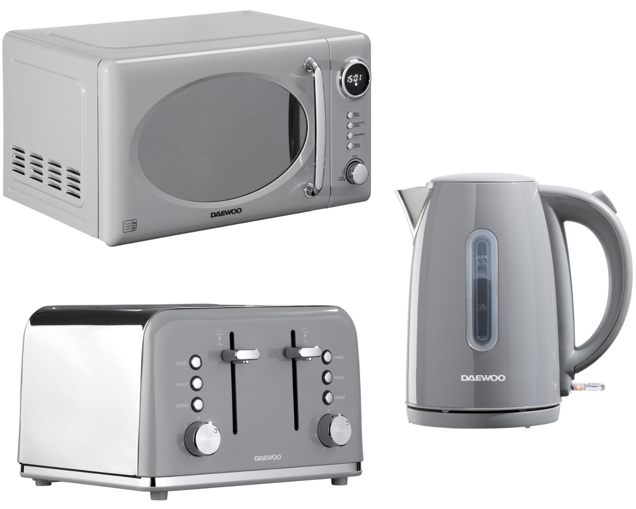 Daewoo Kensington 1.7L 3KW Jug Kettle, 4-Slice Toaster & Microwave Matching Set in Grey