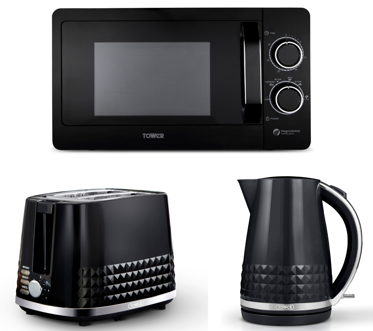 Tower Solitaire Black 1.5L 3KW Kettle, 2 Slice Toaster & T24042BLK 20L Manual Microwave Matching Set