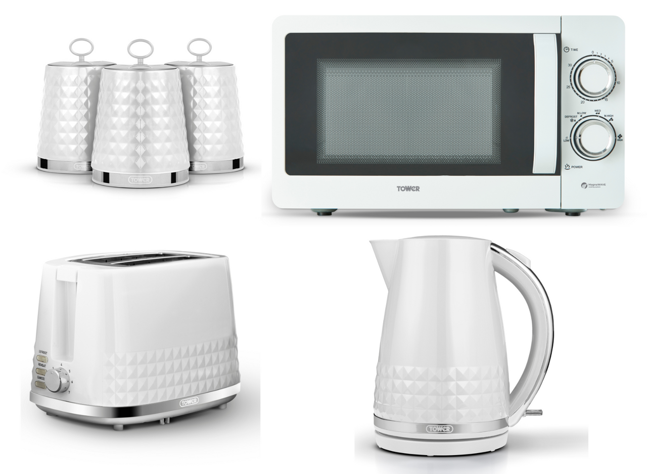 Tower Solitaire White 1.5L 3KW Jug Kettle, 2 Slice Toaster, T24042WHT 800W 20L Microwave & Canisters Matching Kitchen Set