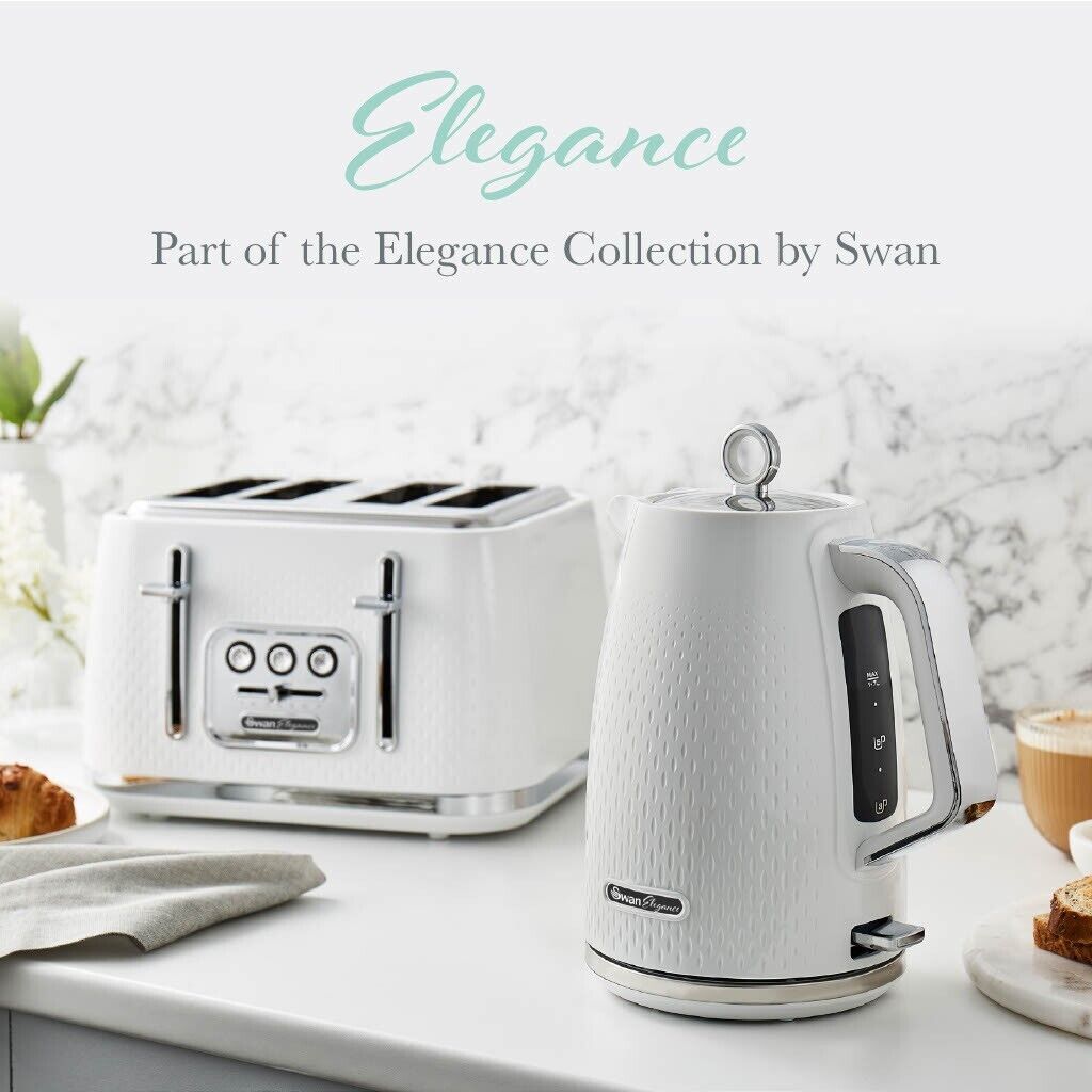 Swan Elegance 1.7L 3KW Kettle & 4 Slice Toaster with Textured White Gloss Finish Chrome Trim