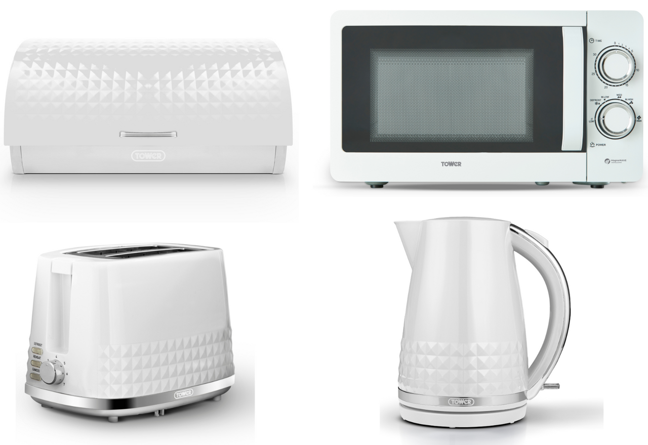 Tower Solitaire White 1.5L 3KW Jug Kettle, 2 Slice Toaster, T24042WHT 800W 20L Microwave & Bread Bin Matching Kitchen Set