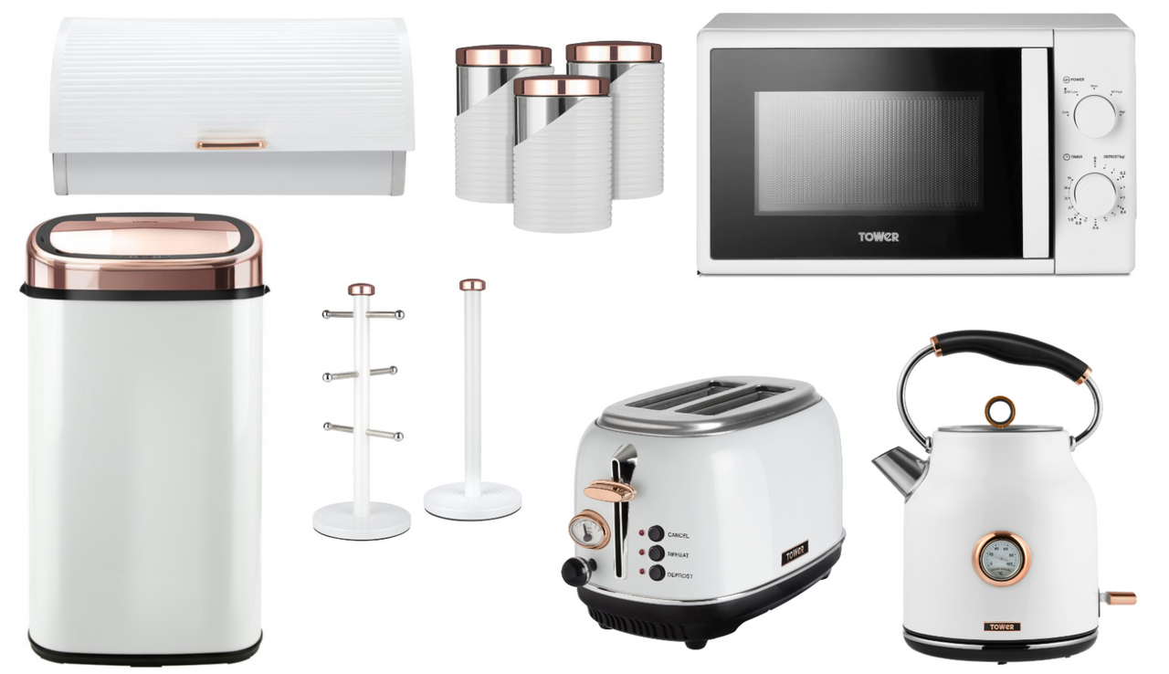 Tower Bottega 1.7L 3KW Traditional Kettle, 2 Slice Toaster, T24034WHT 700W 20L Microwave, Bread Bin, Canisters, Mug Tree, Towel Pole & 58L Sensor Bin Complete Matching Set in White & Rose Gold