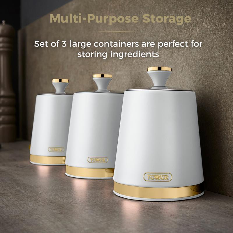 Tower Cavaletto Kitchen Storage Set with 3 Canisters, Mug Tree & Towel Pole in White & Gold
