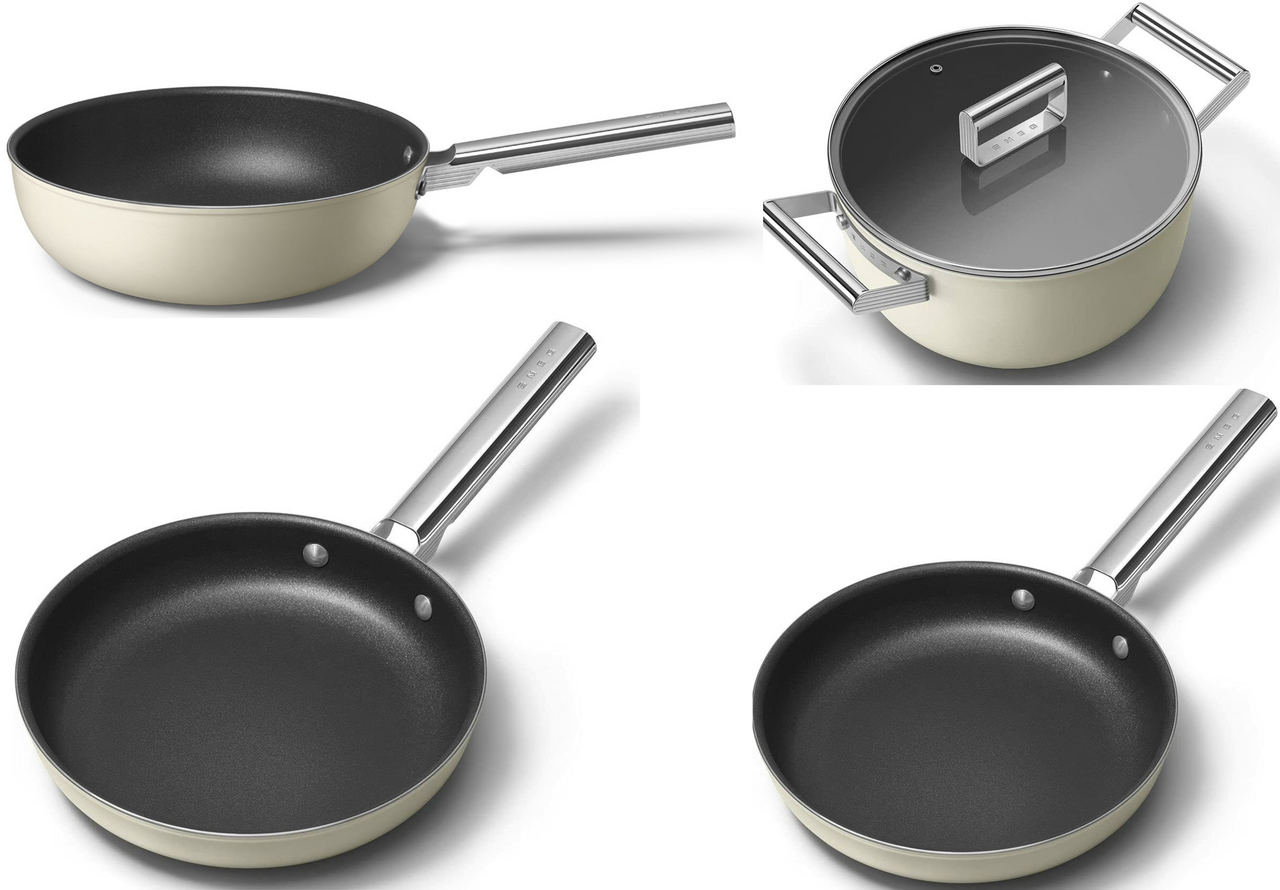 Smeg Cookware Matching Bundle Set including 24cm Casserole Pan, 24cm Frying Pan, 28 cm Frying Pan & 30cm Wok in Cream