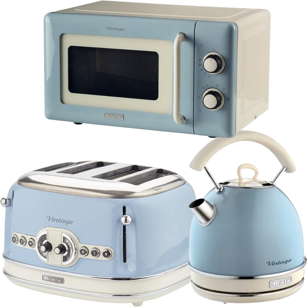 Ariete Vintage Blue Retro Dome Kettle Slice Toaster Microwave Set