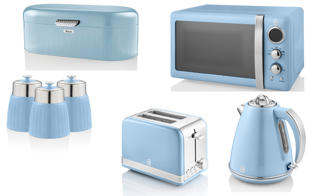 Swan Retro Blue 1.5L 3KW Jug Kettle, 2 Slice Toaster, 800W 20L Digital Microwave, Bread Bin & Canisters Kitchen Set of 7