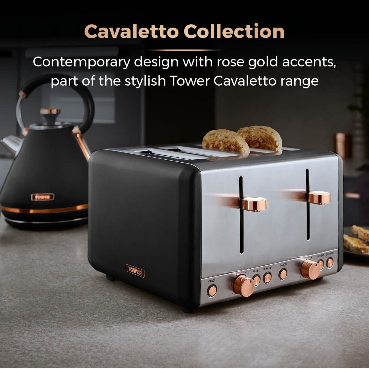Tower Cavaletto Black Kettle 4 Slice Toaster 3.5L Slow Cooker & 3 Canisters Set