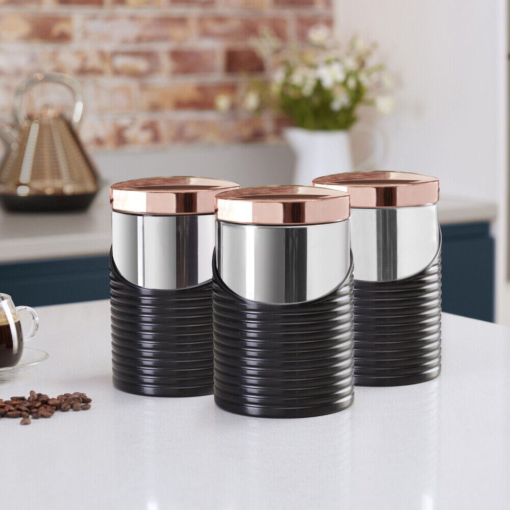 Tower Linear Canisters & Electric Salt/Pepper Matching Set Black & Rose Gold