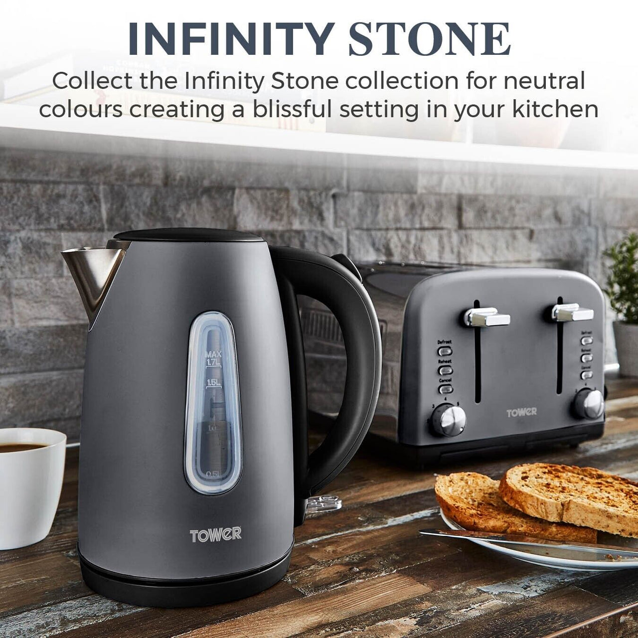 Tower Infinity Kettle 4 Slice Toaster & Mug Tree Kitchen Set in Slate Grey