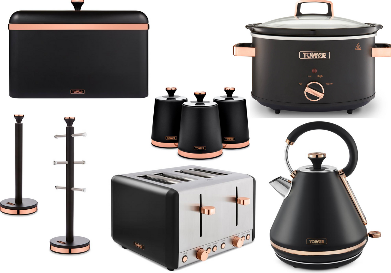 Tower Cavaletto Black Kettle, 4 Slice Toaster, Slow Cooker & Storage Set 9 items
